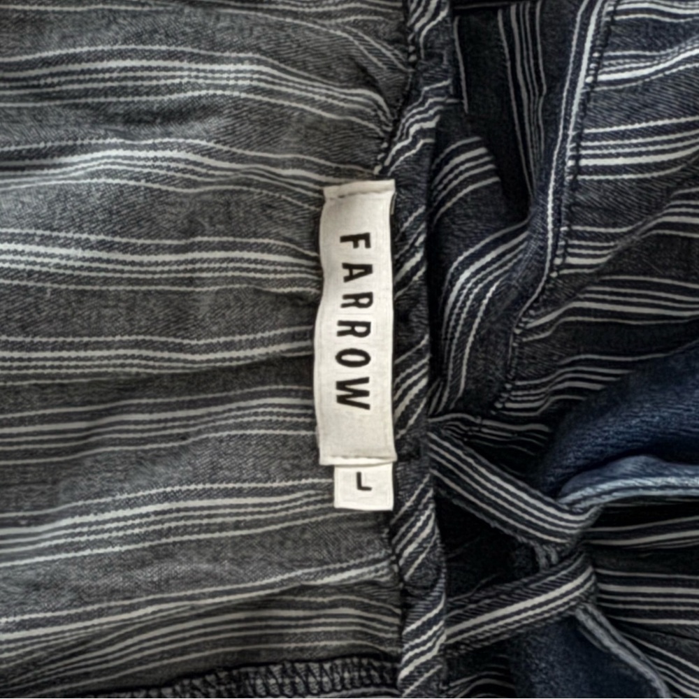 Farrow Striped Chambray belted asymmetrical off the shoulder ruffle dress - Picture 2 of 12